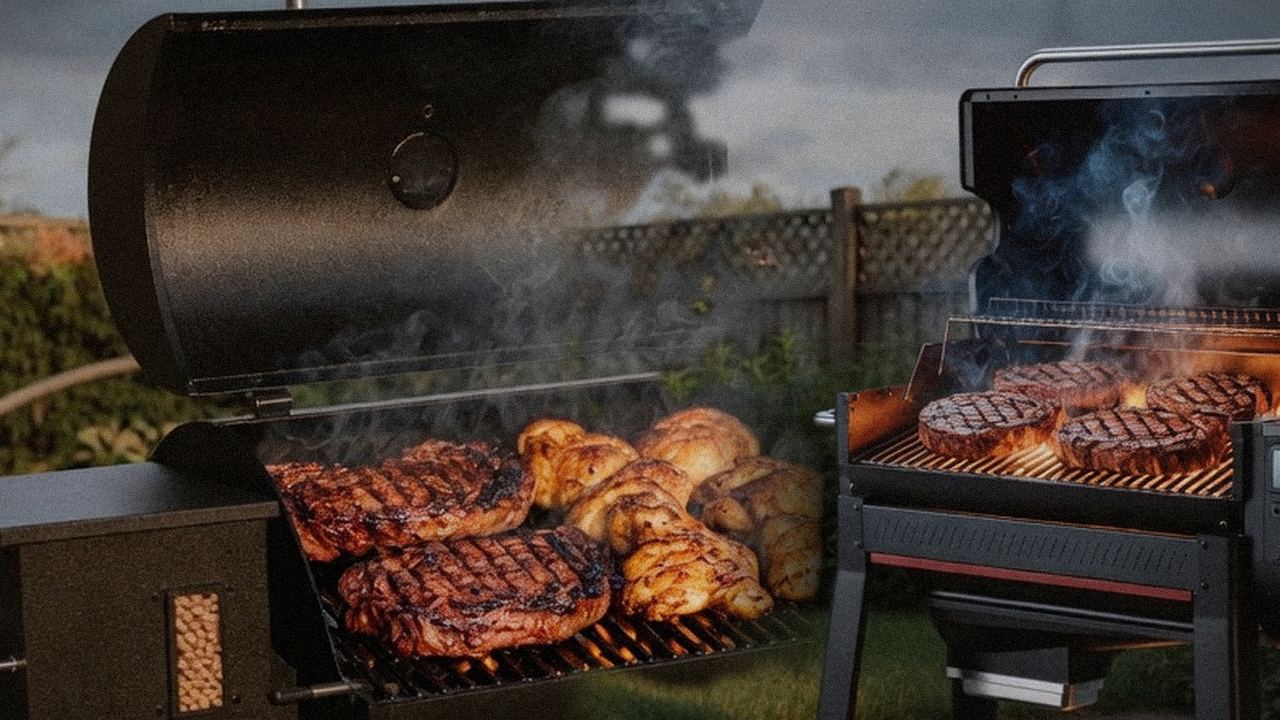 Pit Boss Pro Series 850 beside Weber Searwood XL 600, official product photography on a dark steel panel