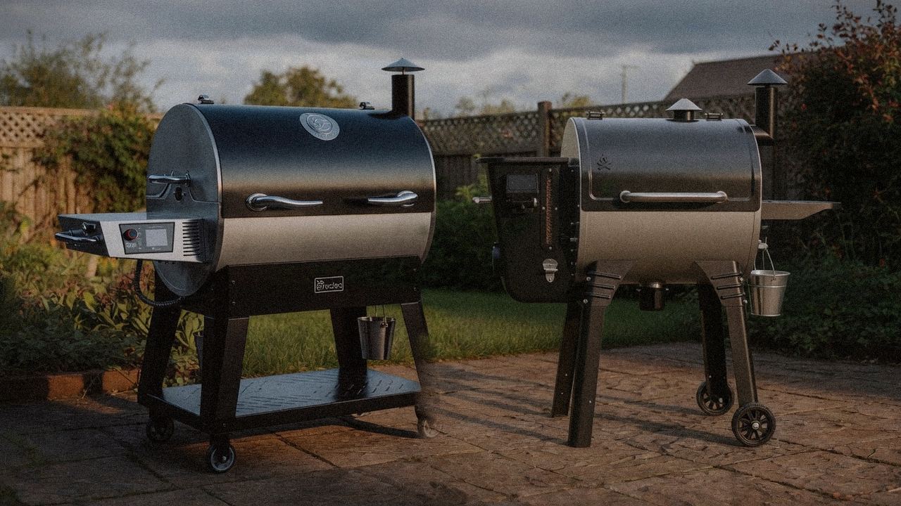 recteq Flagship 1600 beside Camp Chef Woodwind WiFi 24, editorial product photography