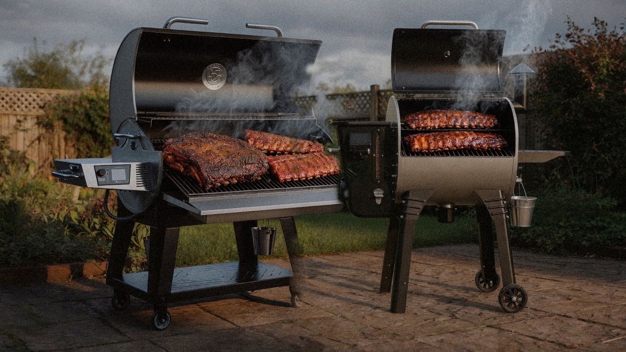 recteq Flagship 1600 cooking next to Camp Chef Woodwind Pro WiFi 24, wood pellet grills on the same patio