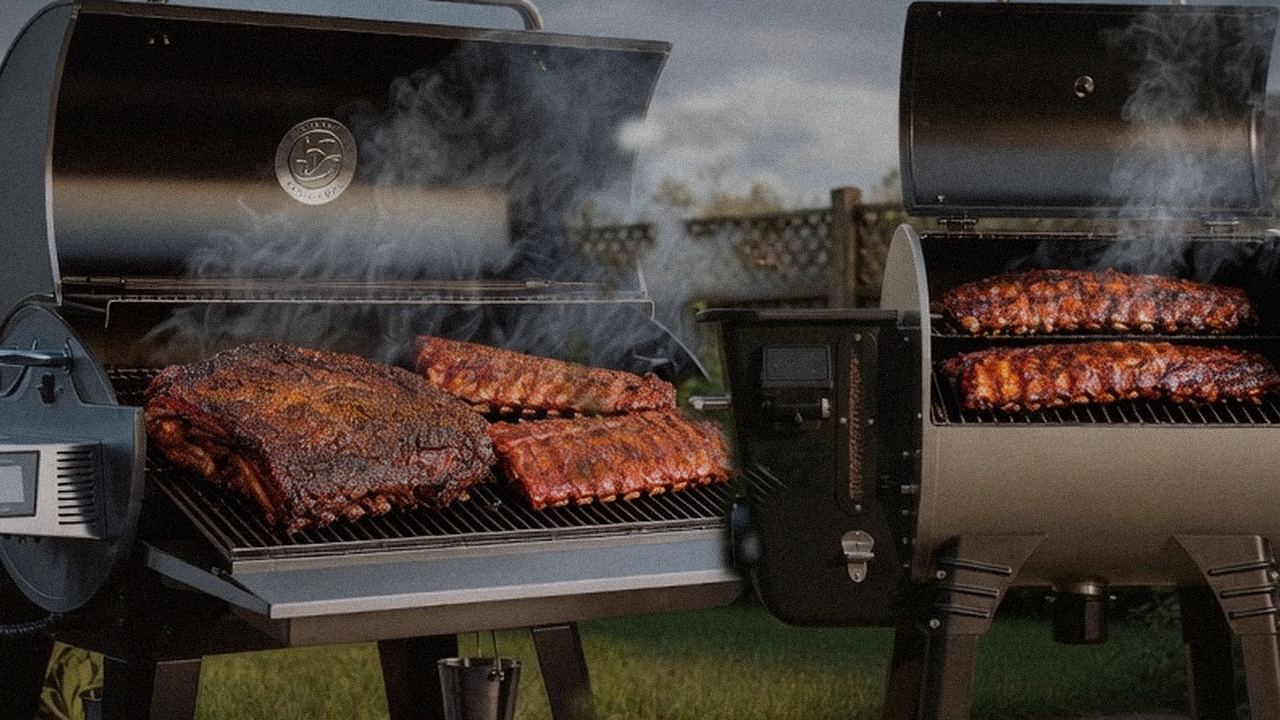 Searing and grate view: recteq Flagship 1600 next to Camp Chef Woodwind Pro WiFi 24