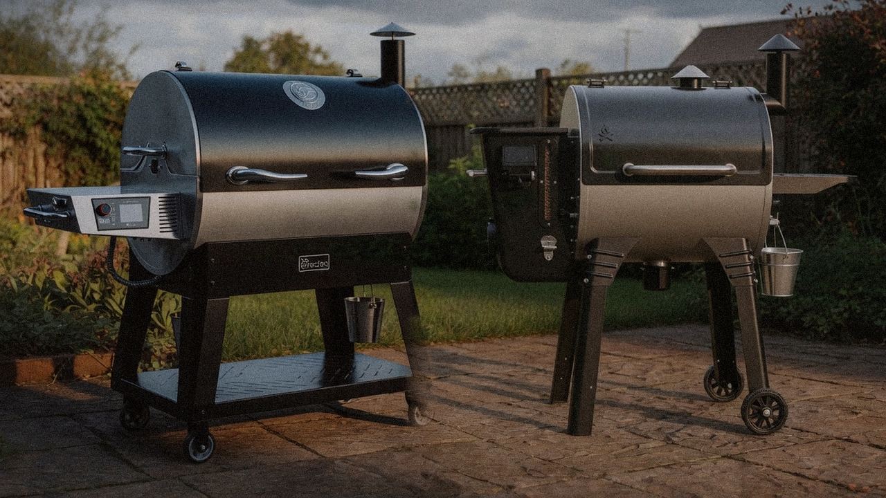 recteq Flagship 1600 standing next to Camp Chef Woodwind Pro WiFi 24, showing the size and price-tier gap