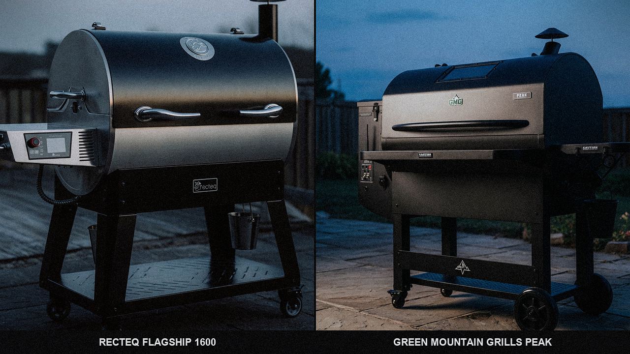 Close comparison of the recteq Flagship 1600 controller next to the Green Mountain Grills Peak controller