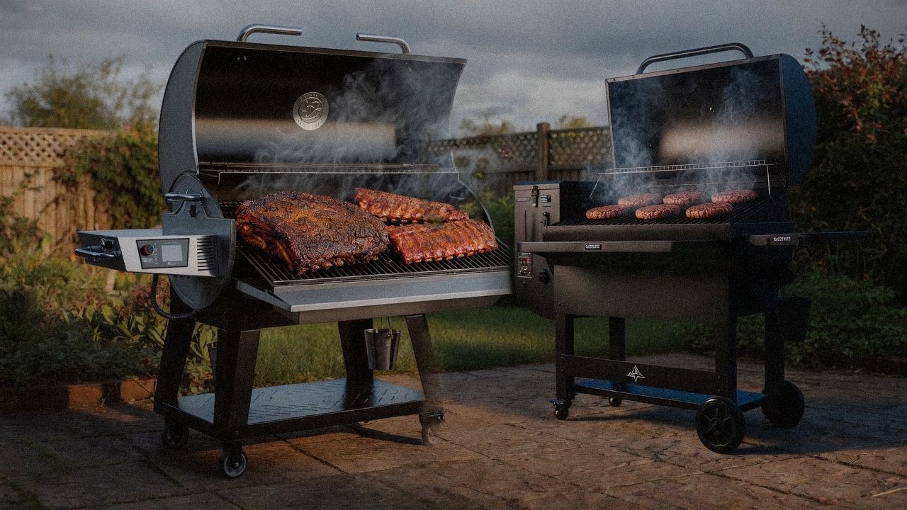 recteq Flagship 1600 cooking next to Green Mountain Grills Peak, wood pellet grills on the same patio
