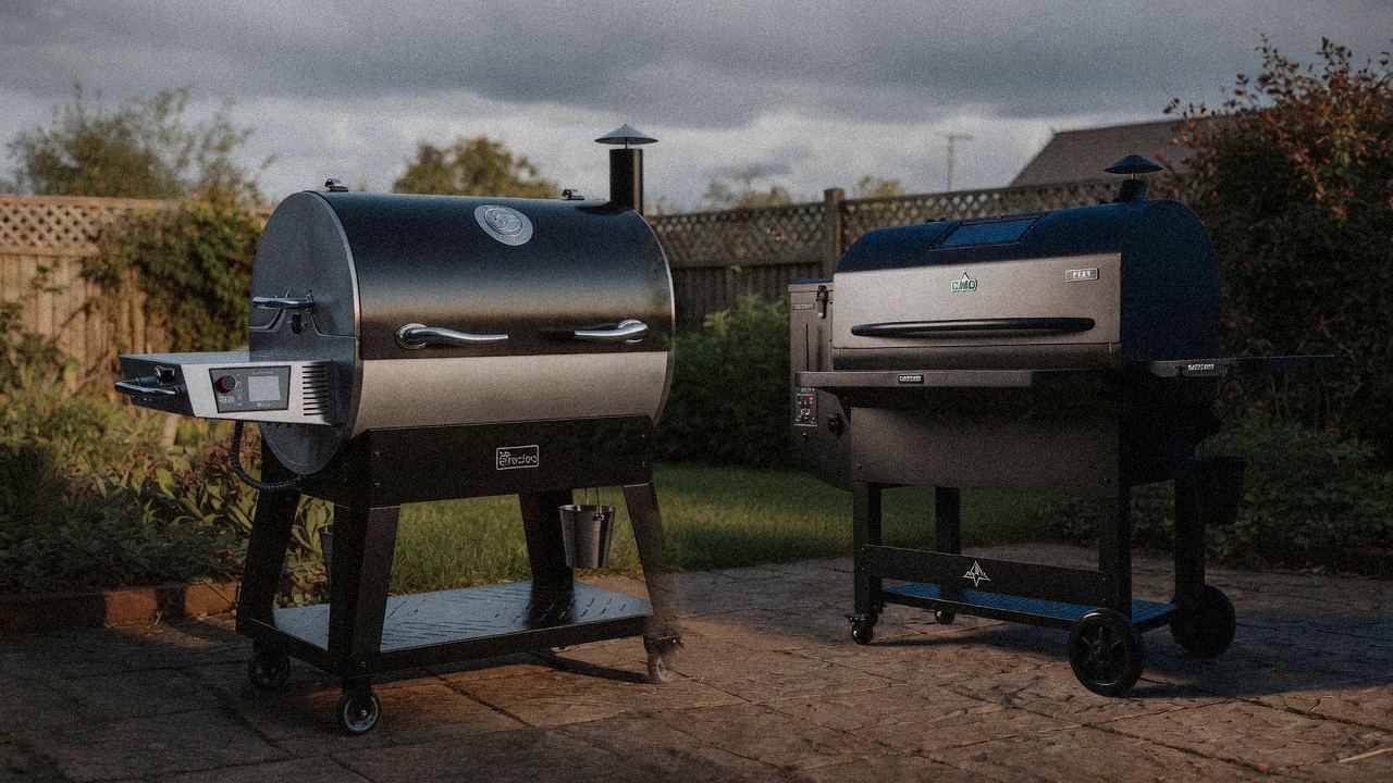 Morning patio with the recteq Flagship 1600 and the Green Mountain Grills Peak, unboxing-day mood