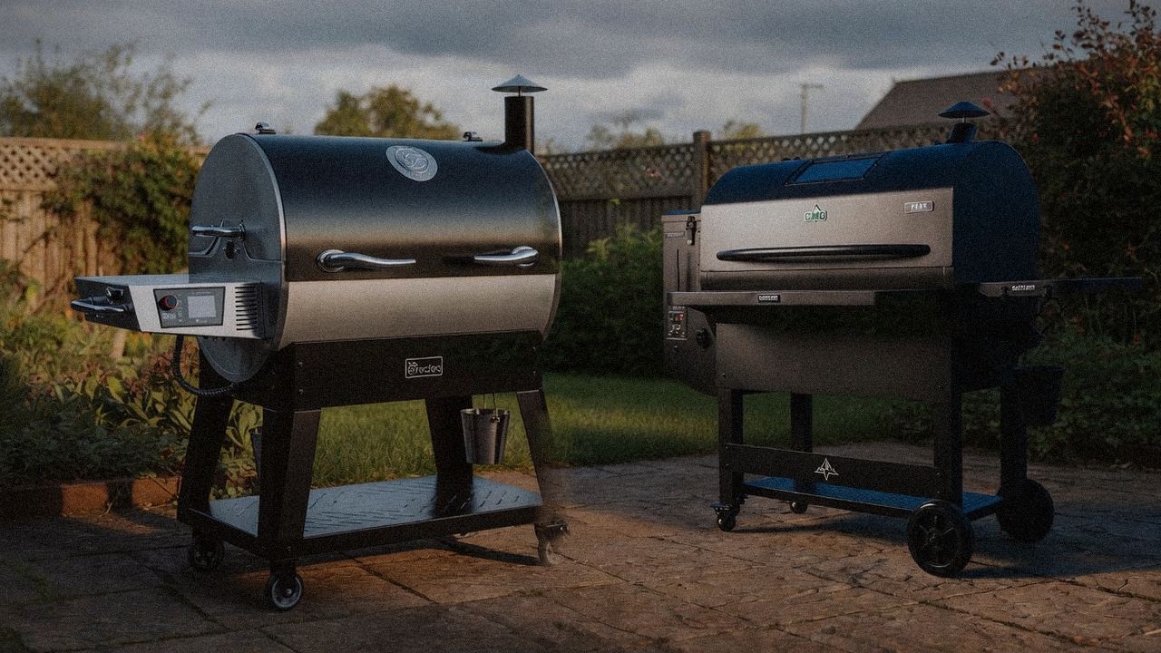 recteq Flagship 1600 beside Green Mountain Grills Peak, editorial product photography