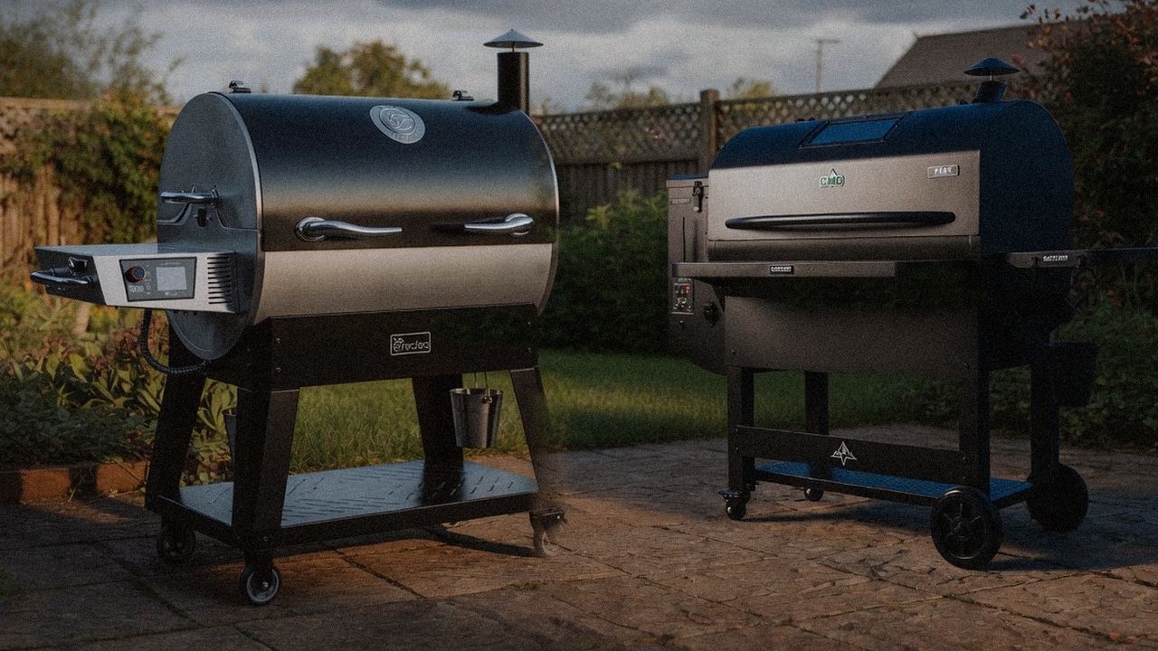 recteq Flagship 1600 standing next to Green Mountain Grills Peak, showing the size and price-tier gap