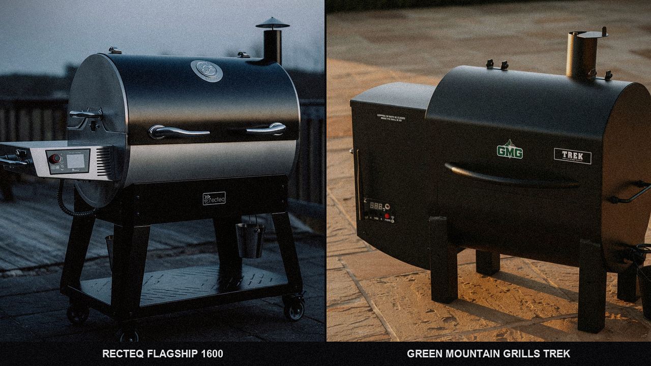 Close comparison of the recteq Flagship 1600 controller next to the Green Mountain Grills Trek controller
