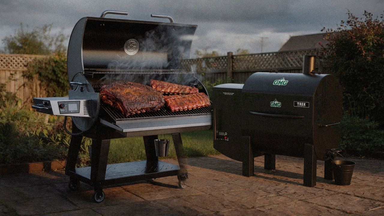 recteq Flagship 1600 cooking next to Green Mountain Grills Trek, wood pellet grills on the same patio