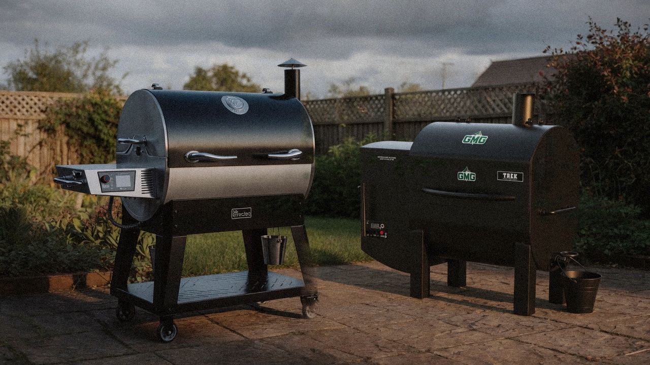 Morning patio with the recteq Flagship 1600 and the Green Mountain Grills Trek, unboxing-day mood
