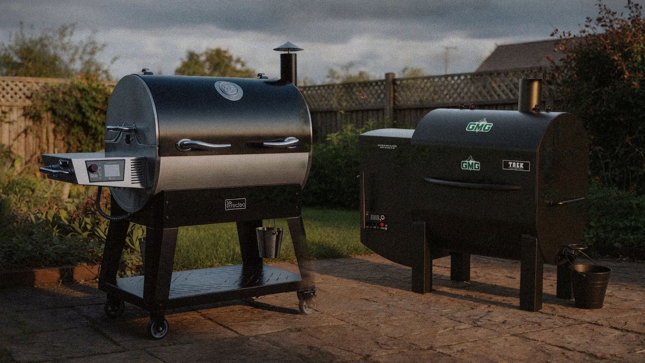 recteq Flagship 1600 beside Green Mountain Grills Trek, editorial product photography