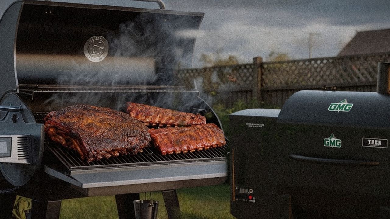 Searing and grate view: recteq Flagship 1600 next to Green Mountain Grills Trek