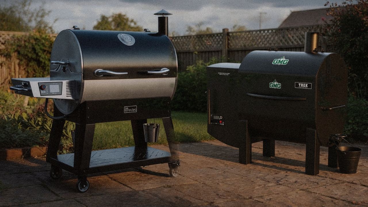 recteq Flagship 1600 standing next to Green Mountain Grills Trek, showing the size and price-tier gap