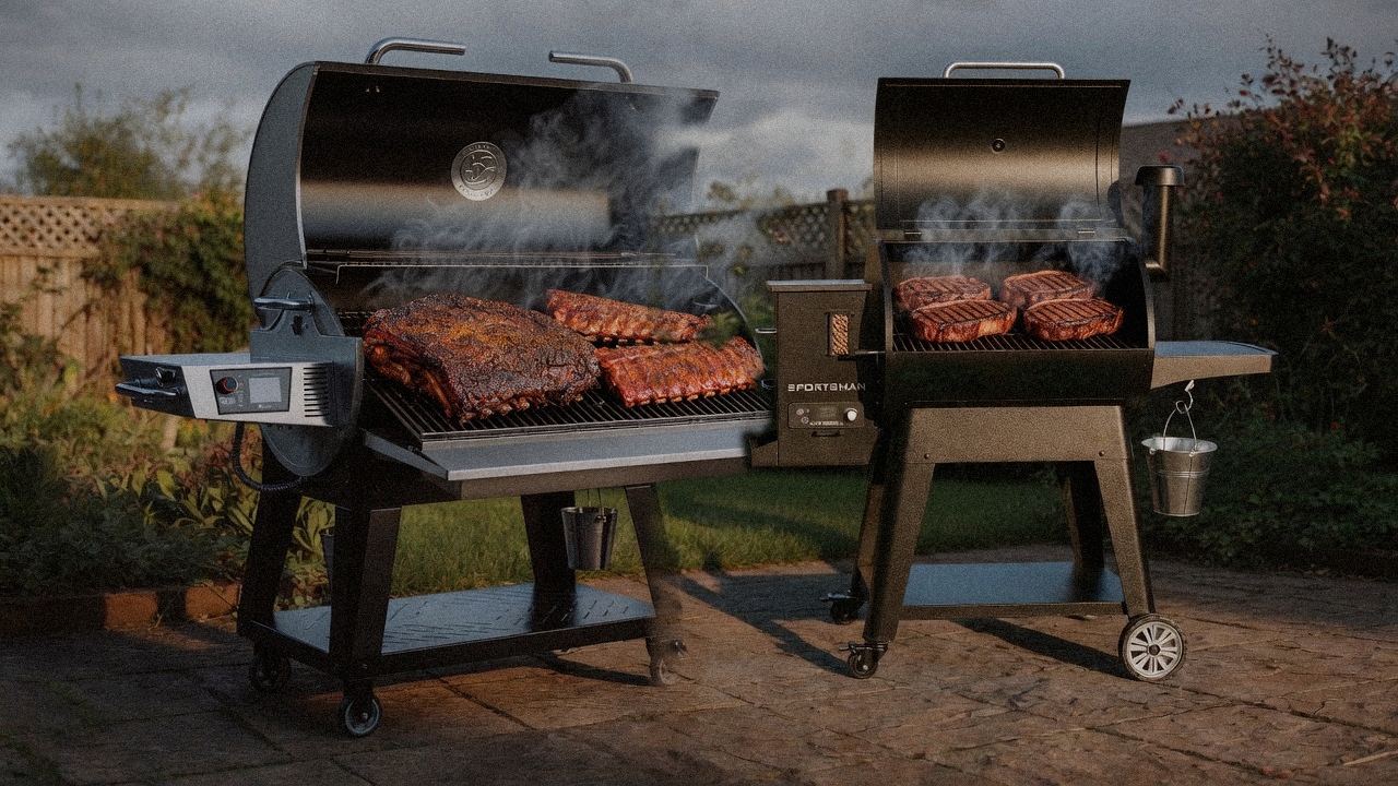recteq Flagship 1600 cooking next to Pit Boss Navigator 850, wood pellet grills on the same patio
