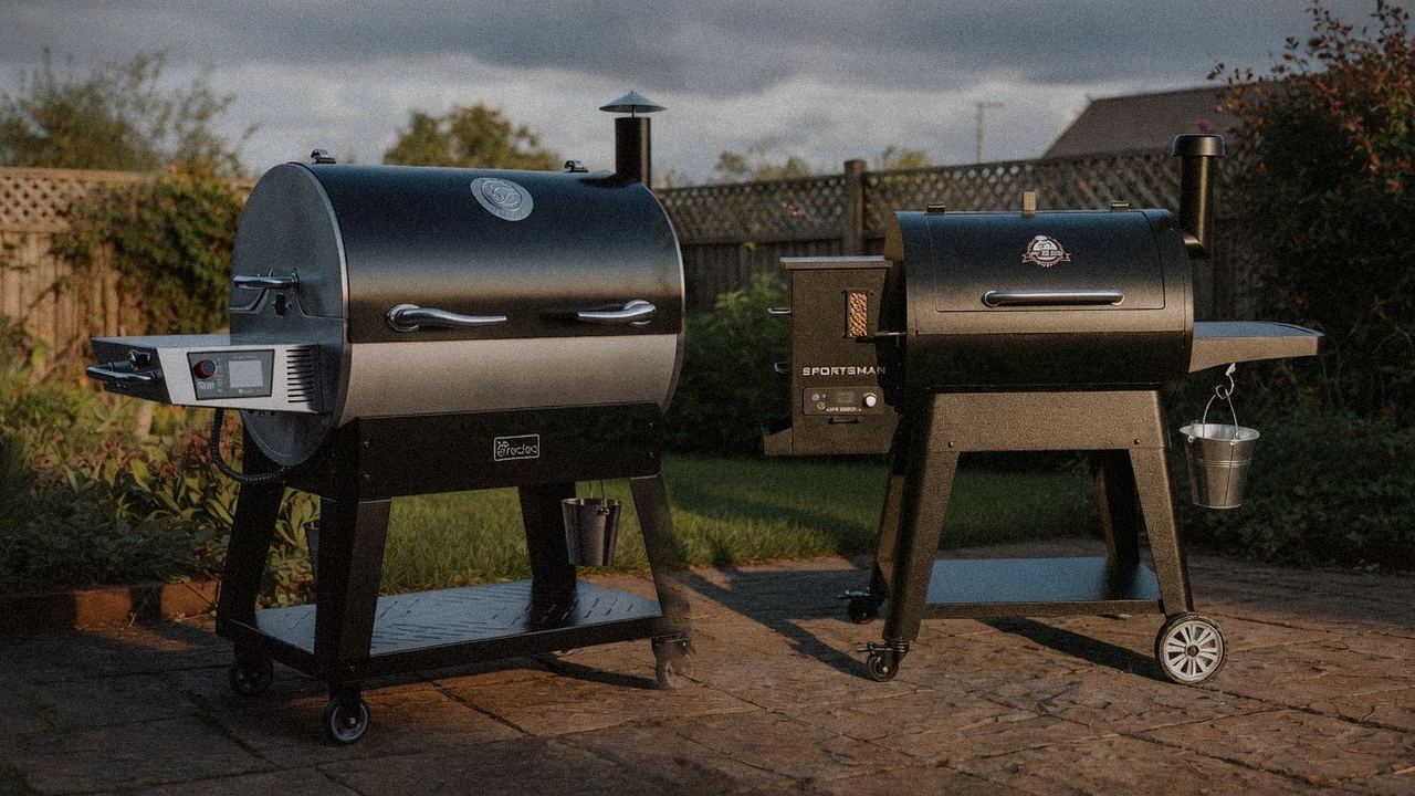 recteq Flagship 1600 beside Pit Boss Navigator 850, editorial product photography