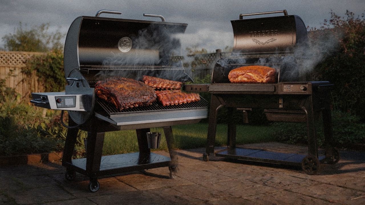 recteq Flagship 1600 cooking next to Traeger Pro 780, wood pellet grills on the same patio