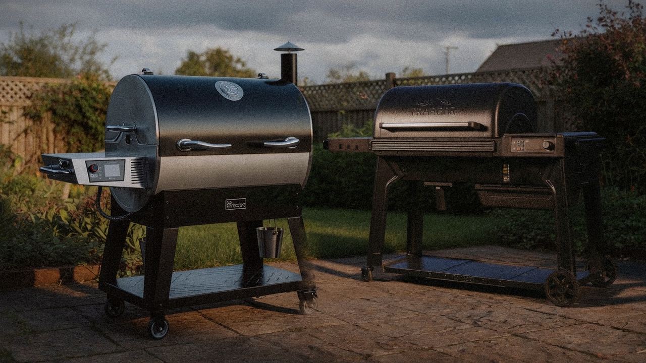 recteq Flagship 1600 beside Traeger Pro 780, editorial product photography