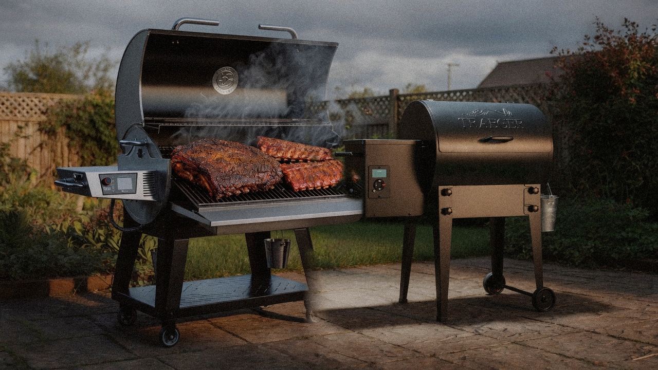 recteq Flagship 1600 cooking next to Traeger Tailgater 20, wood pellet grills on the same patio