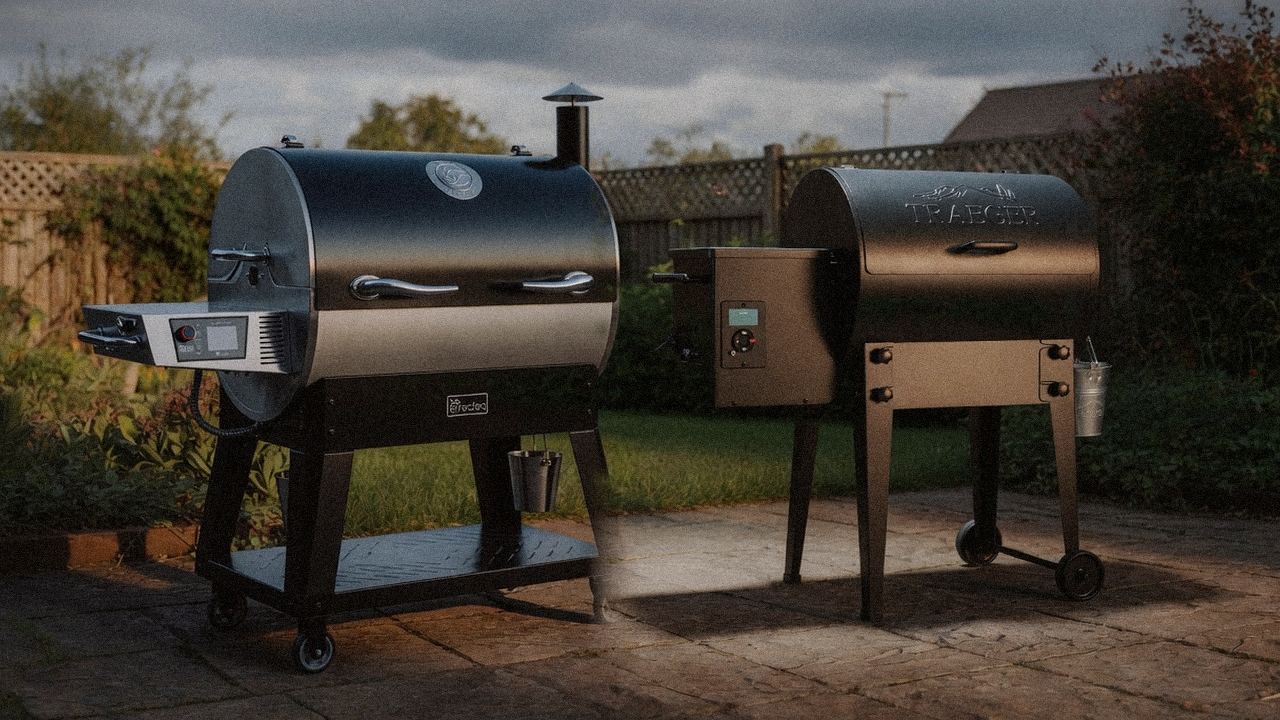 recteq Flagship 1600 beside Traeger Tailgater 20, editorial product photography