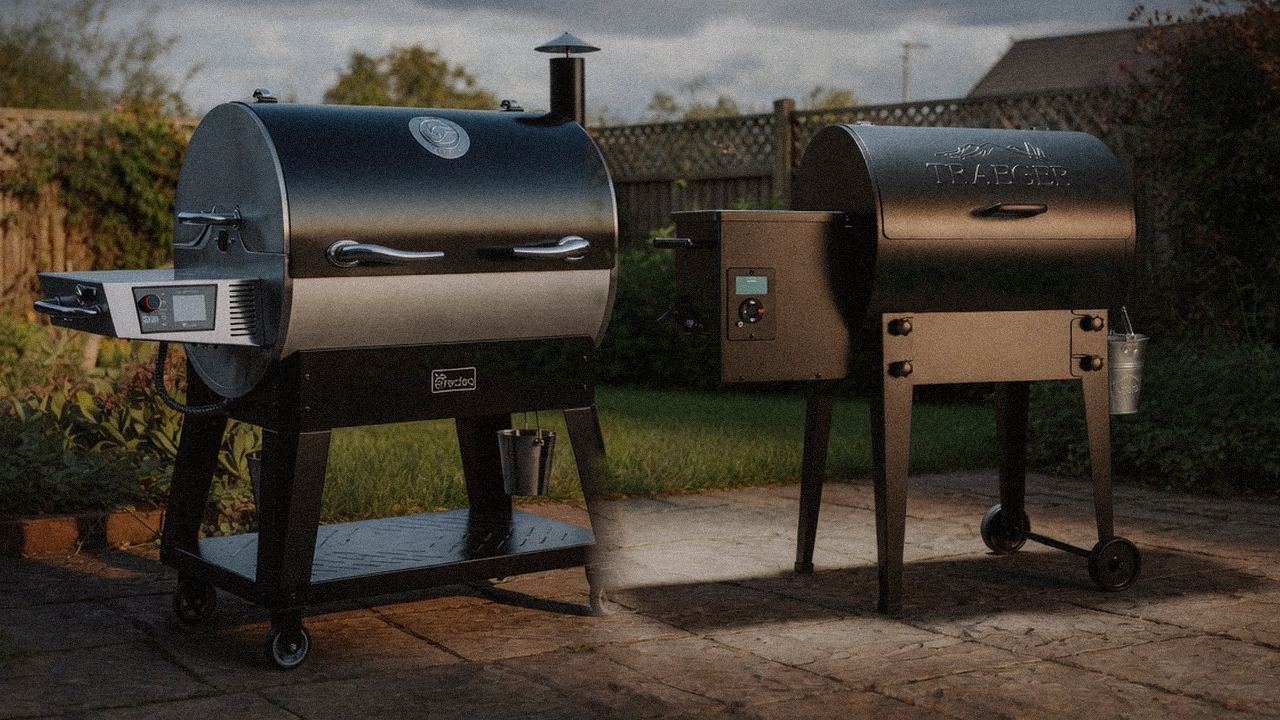 recteq Flagship 1600 standing next to Traeger Tailgater 20, showing the size and price-tier gap