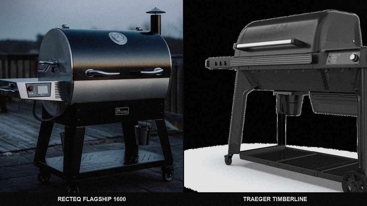Close comparison of the recteq Flagship 1600 controller next to the Traeger Timberline controller