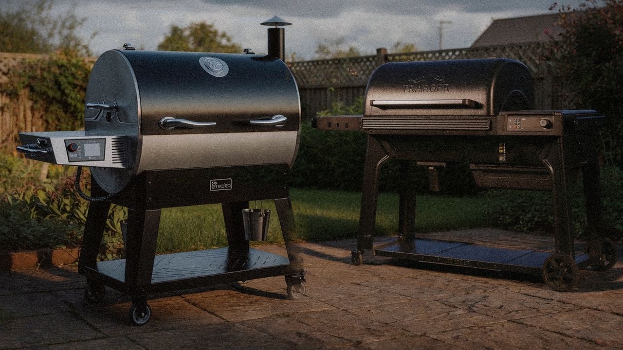 recteq Flagship 1600 standing next to Traeger Timberline, showing the size and price-tier gap