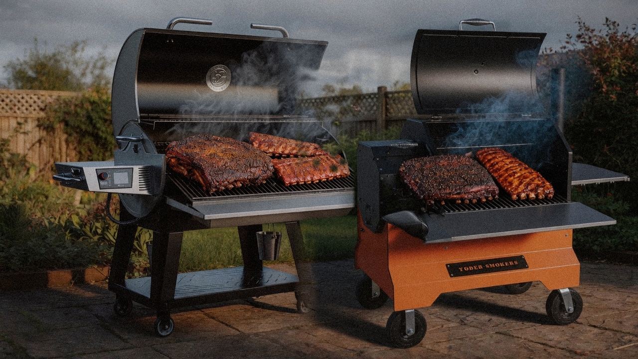 recteq Flagship 1600 cooking next to Yoder Smokers YS640s, wood pellet grills on the same patio