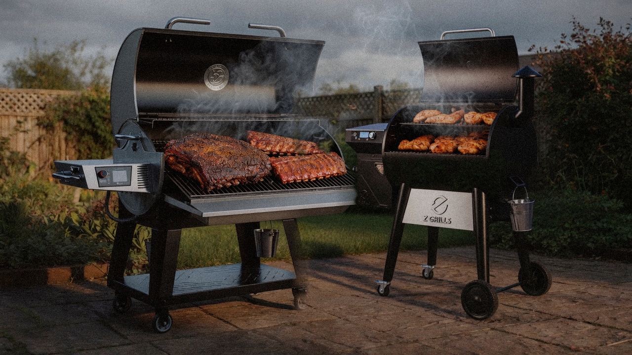 recteq Flagship 1600 cooking next to Z Grills 700 Series (ZPG-7002), wood pellet grills on the same patio