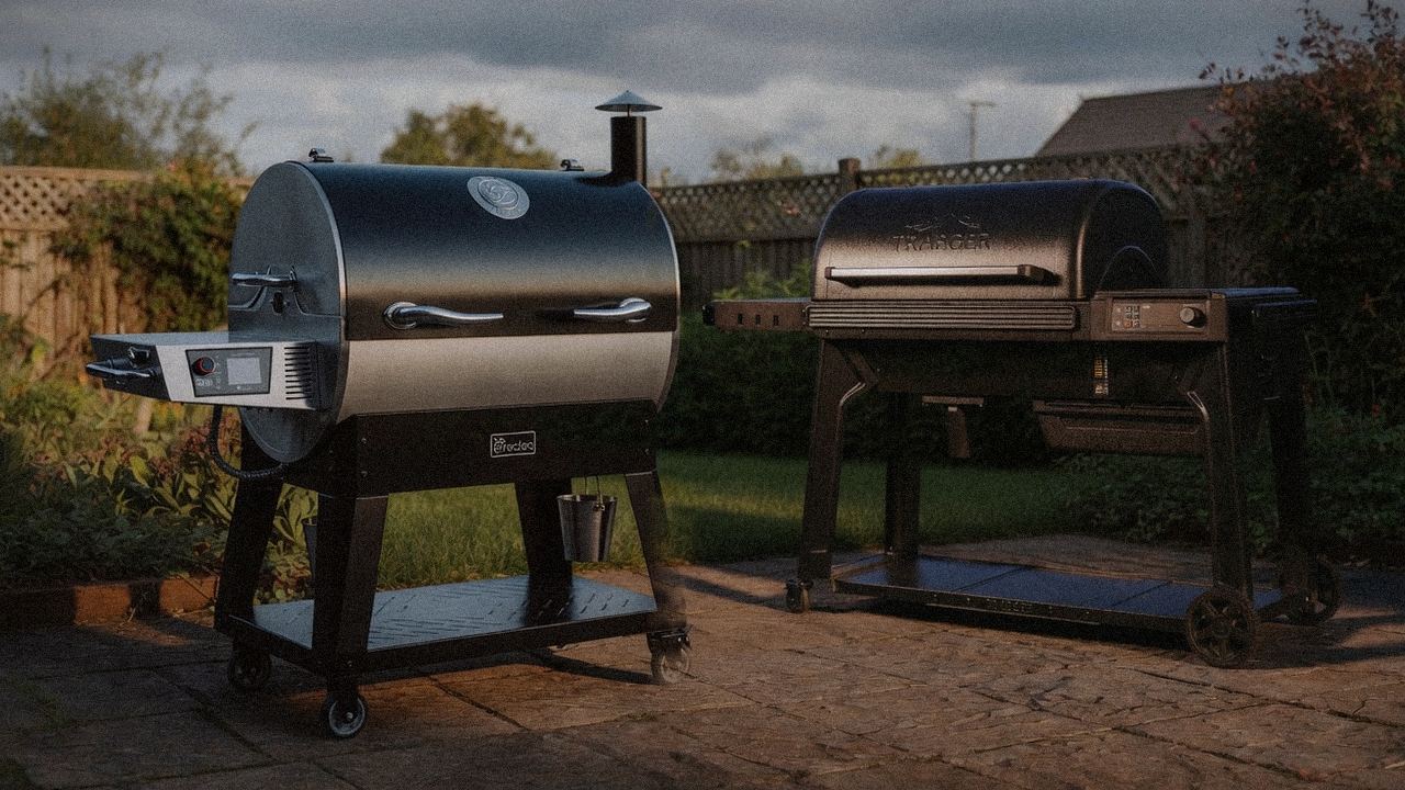 recteq Flagship 1600 beside Traeger Woodridge Pro, official product photography on a dark steel panel