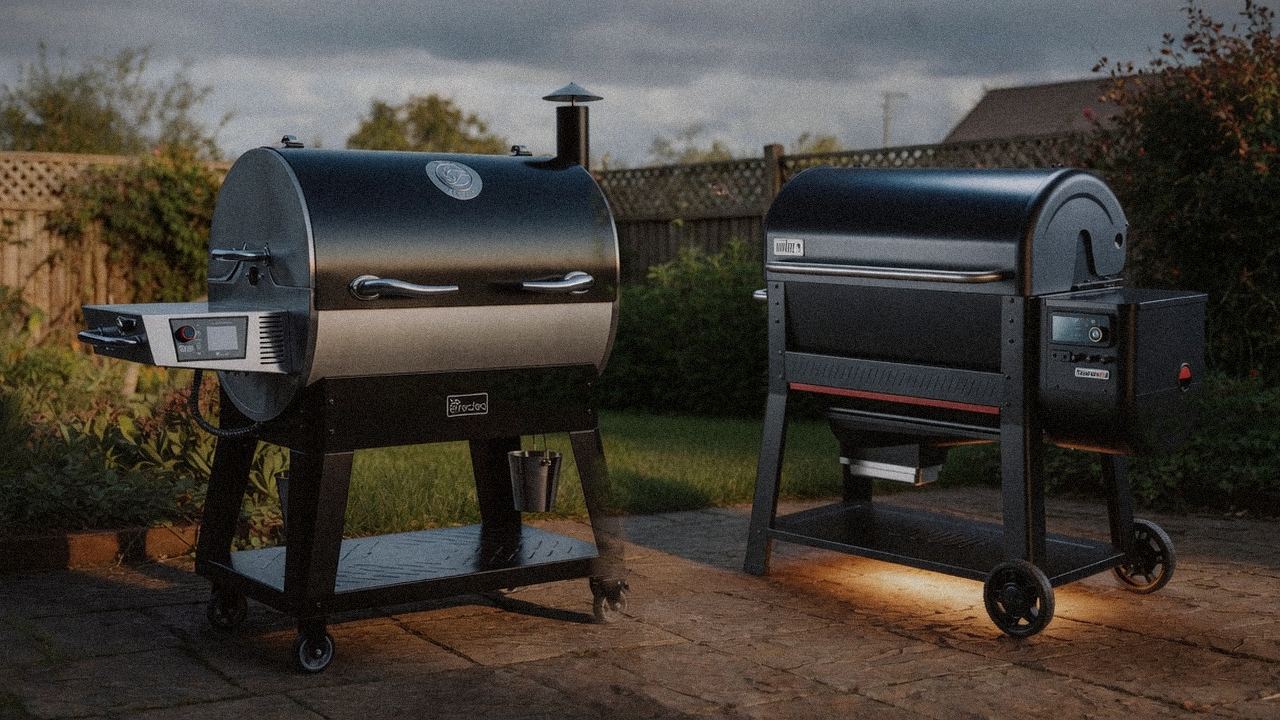 recteq Flagship 1600 beside Weber Searwood XL 600, official product photography on a dark steel panel