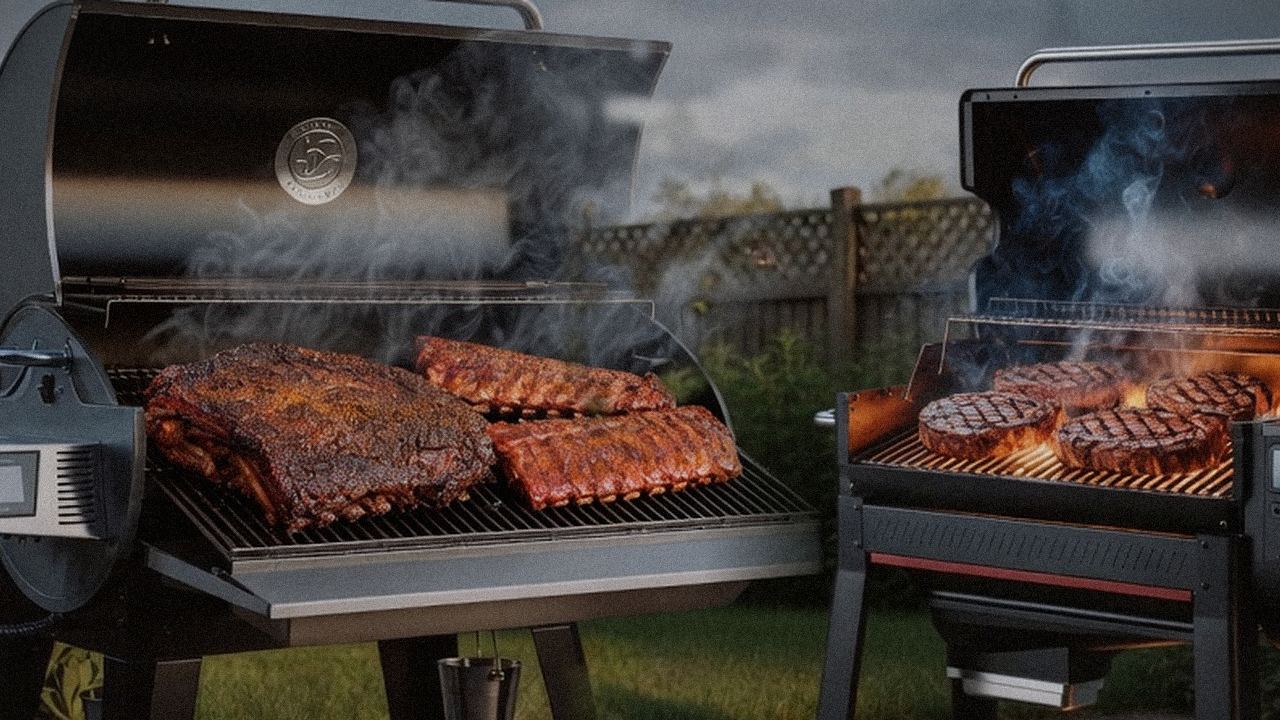 recteq Flagship 1600 versus Weber Searwood XL 600 on a dusk patio