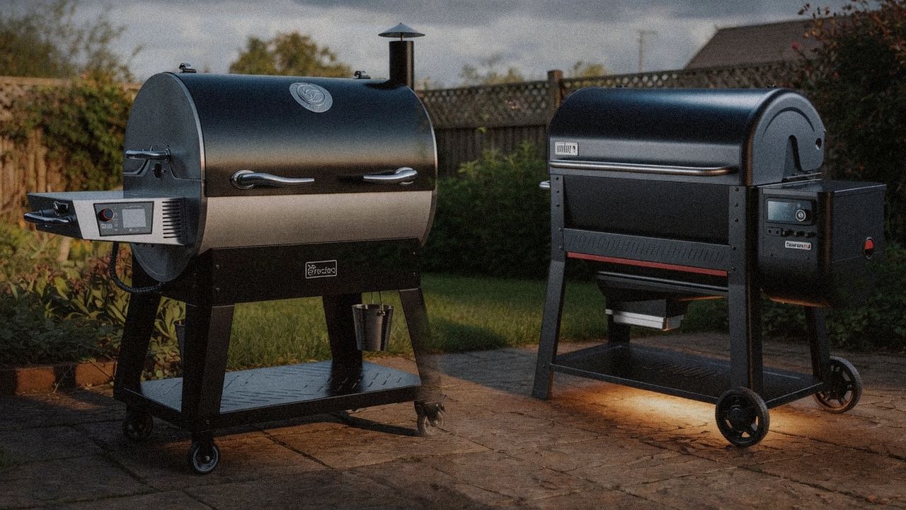 recteq Flagship 1600 versus Weber Searwood XL 600 on a dusk patio