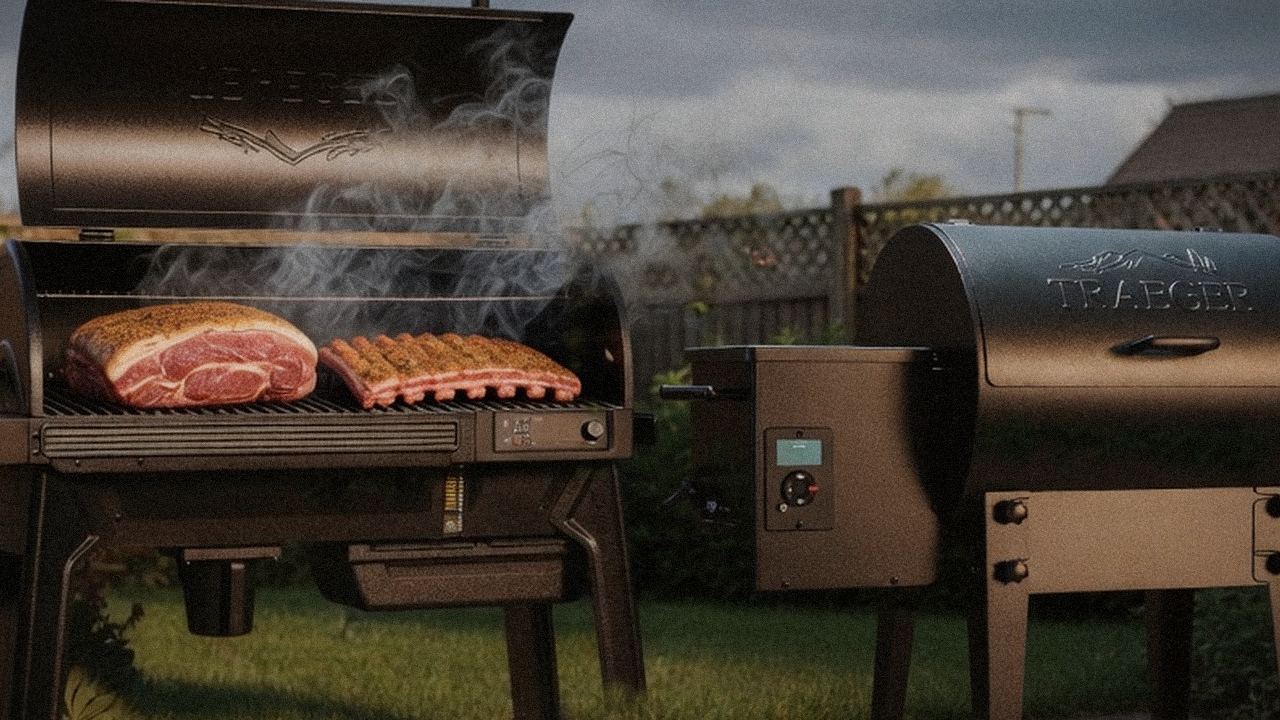 Searing and grate view: Traeger Ironwood next to Traeger Tailgater 20