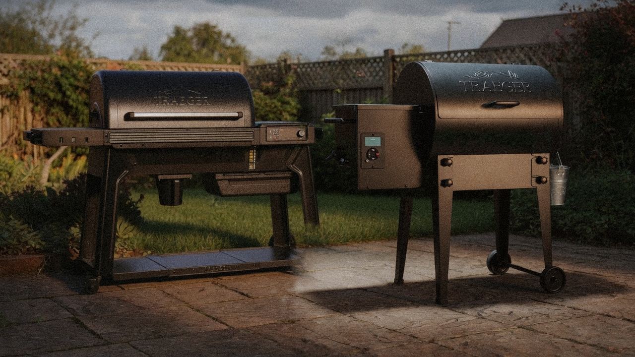 Traeger Ironwood standing next to Traeger Tailgater 20, showing the size and price-tier gap
