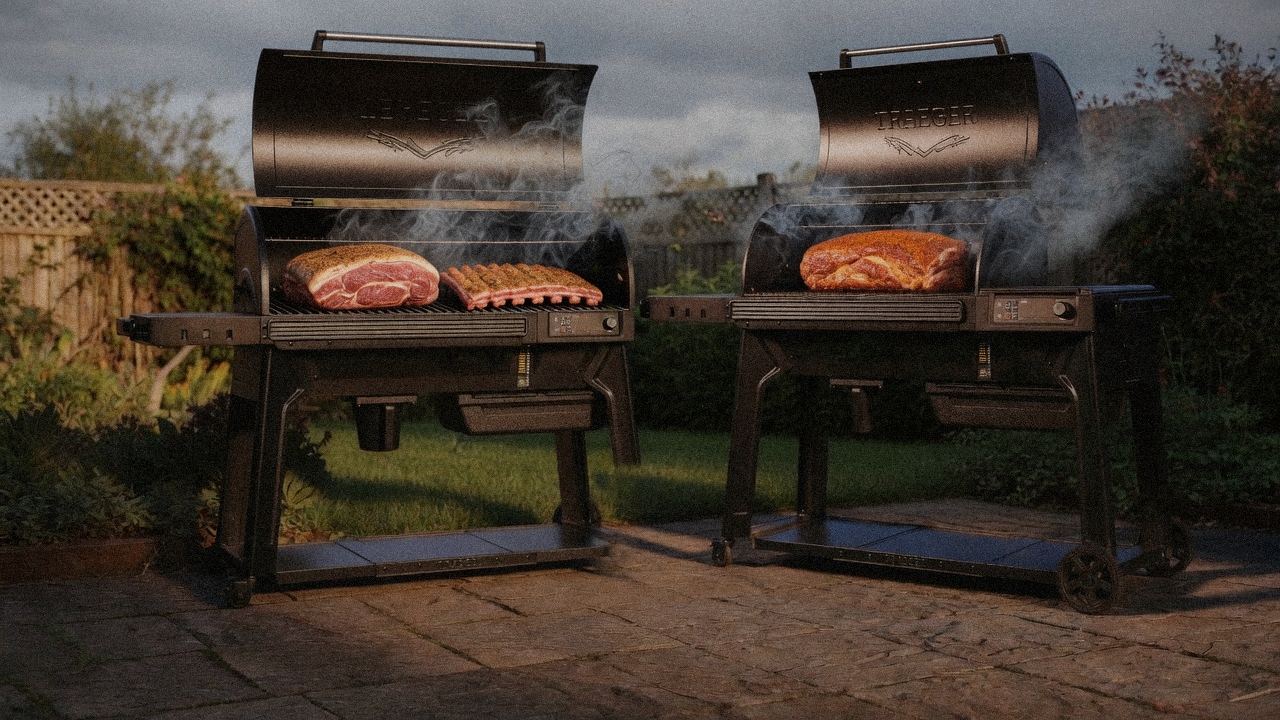 Traeger Ironwood cooking next to Traeger Woodridge Pro, wood pellet grills on the same patio