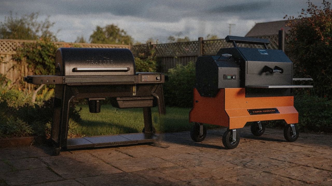 Traeger Ironwood beside Yoder Smokers YS640s, editorial product photography