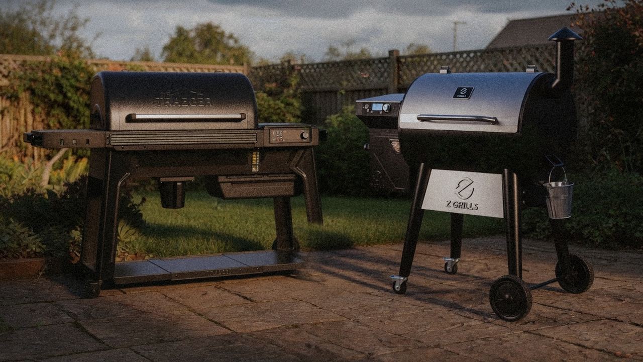 Traeger Ironwood standing next to Z Grills 700 Series (ZPG-7002), showing the size and price-tier gap