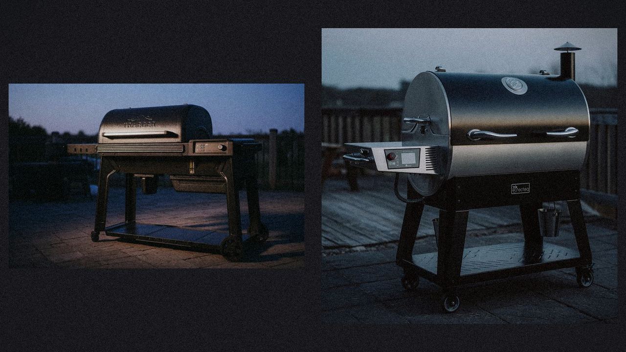 Traeger Pro 780 beside recteq Deck Boss Legacy Edition, editorial product photography