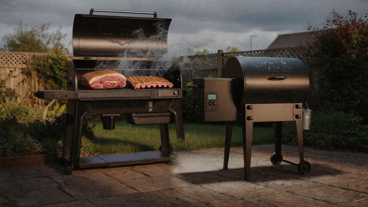 Traeger Pro 780 cooking next to Traeger Tailgater 20, wood pellet grills on the same patio