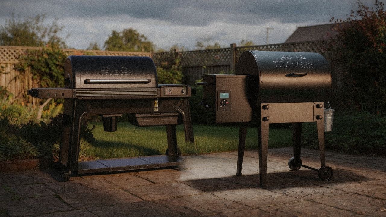 Traeger Pro 780 beside Traeger Tailgater 20, editorial product photography