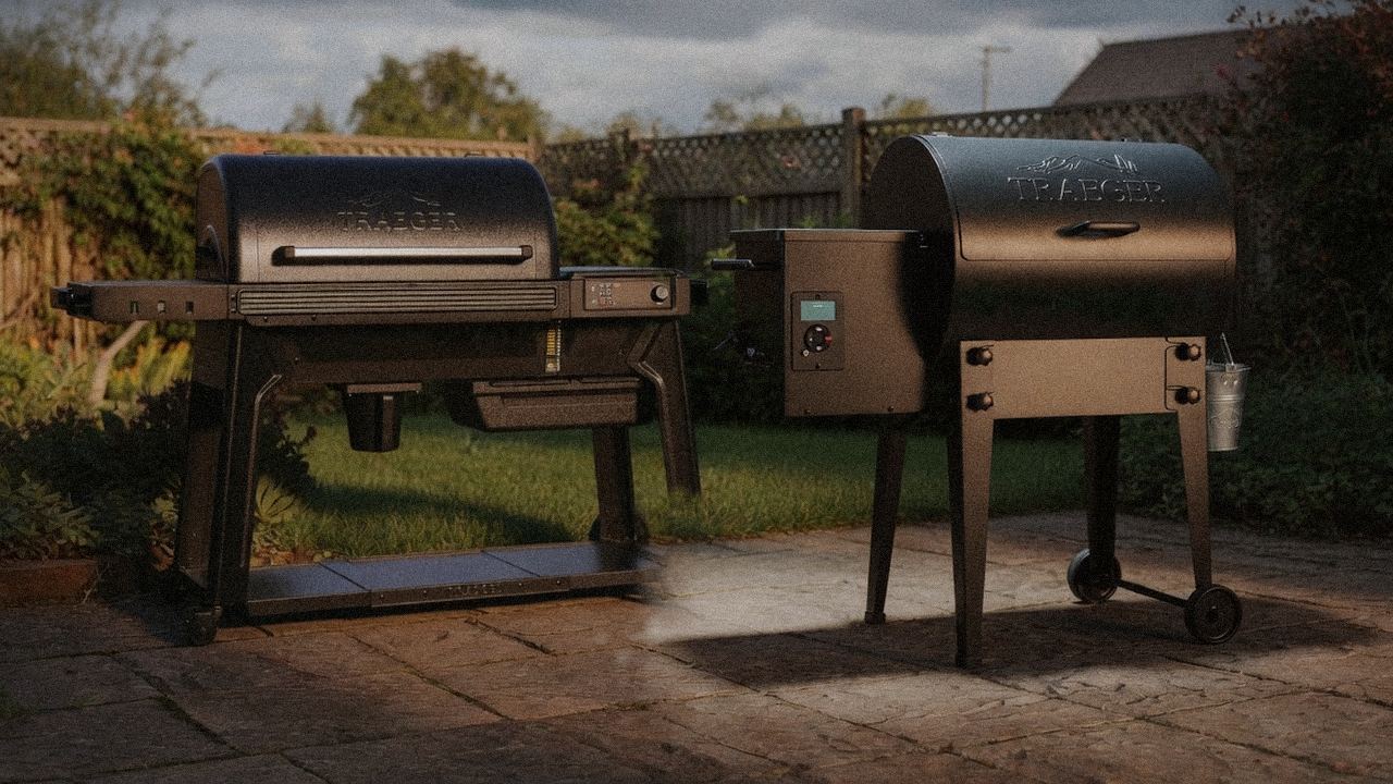 Traeger Pro 780 standing next to Traeger Tailgater 20, showing the size and price-tier gap