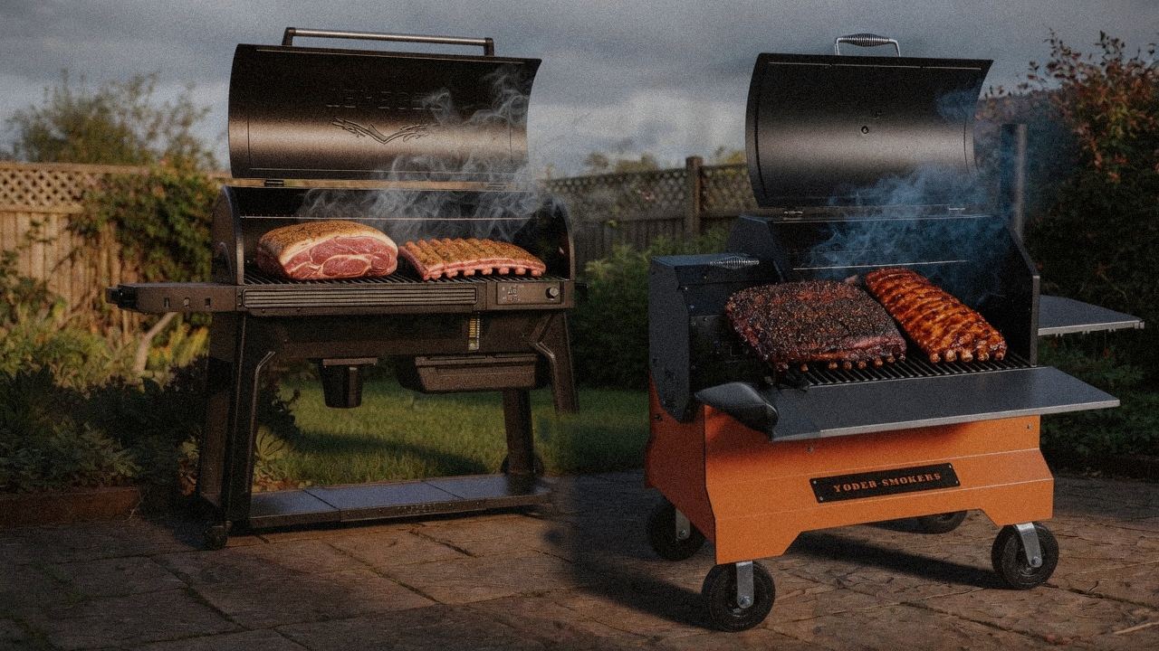 Traeger Pro 780 cooking next to Yoder Smokers YS640s, wood pellet grills on the same patio