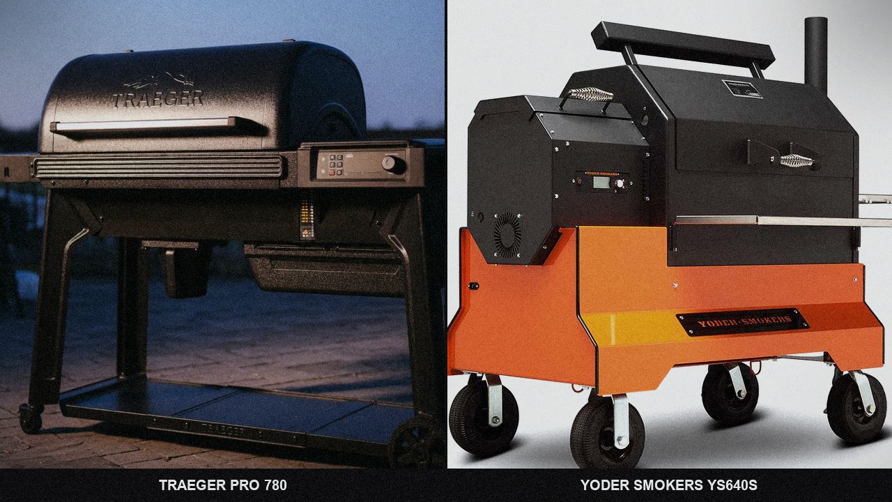 Traeger Pro 780 standing next to Yoder Smokers YS640s, showing the size and price-tier gap