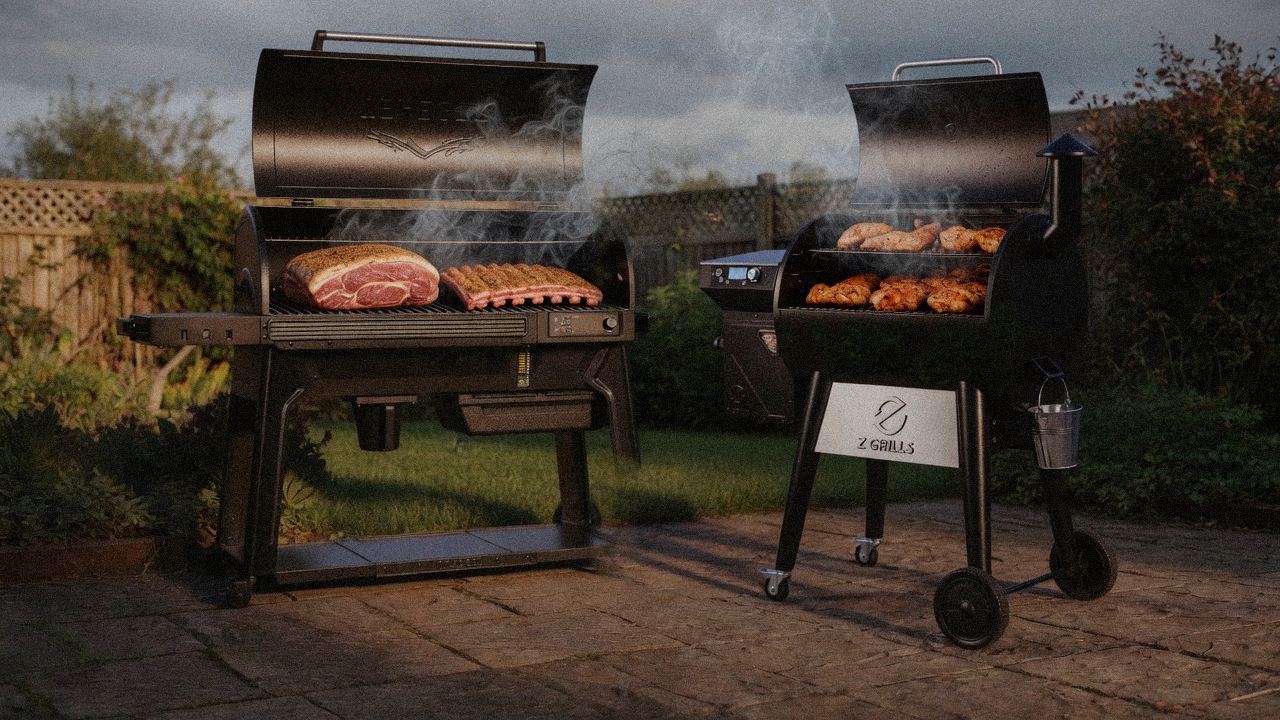 Traeger Pro 780 cooking next to Z Grills 700 Series (ZPG-7002), wood pellet grills on the same patio