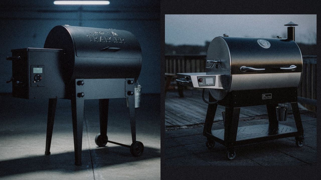 Traeger Tailgater 20 beside recteq Bullseye Deluxe, editorial product photography