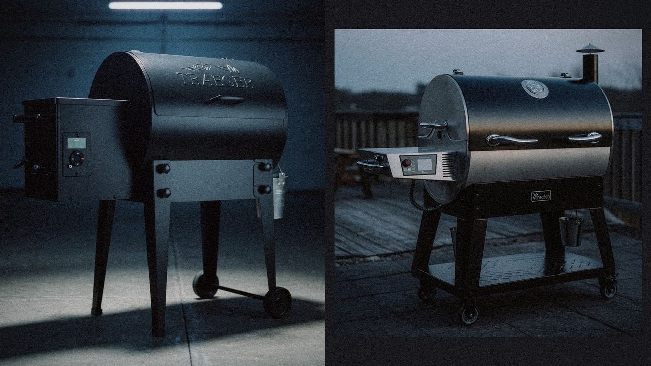 Traeger Tailgater 20 beside recteq X-Fire Pro 825, editorial product photography