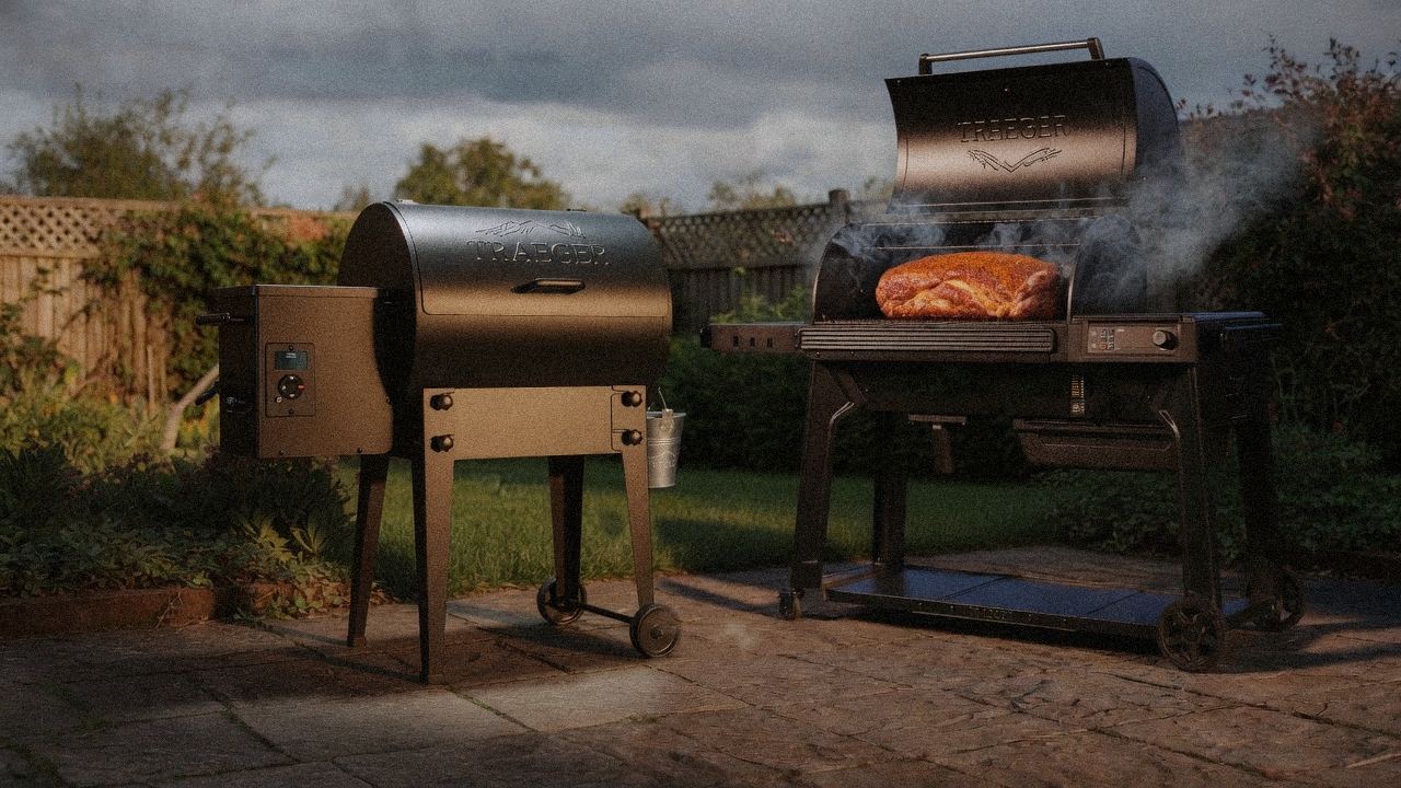 Traeger Tailgater 20 cooking next to Traeger Timberline, wood pellet grills on the same patio
