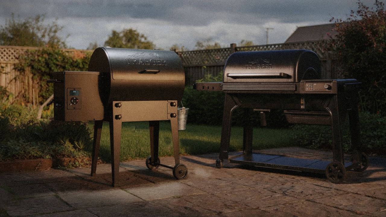 Traeger Tailgater 20 beside Traeger Timberline, editorial product photography