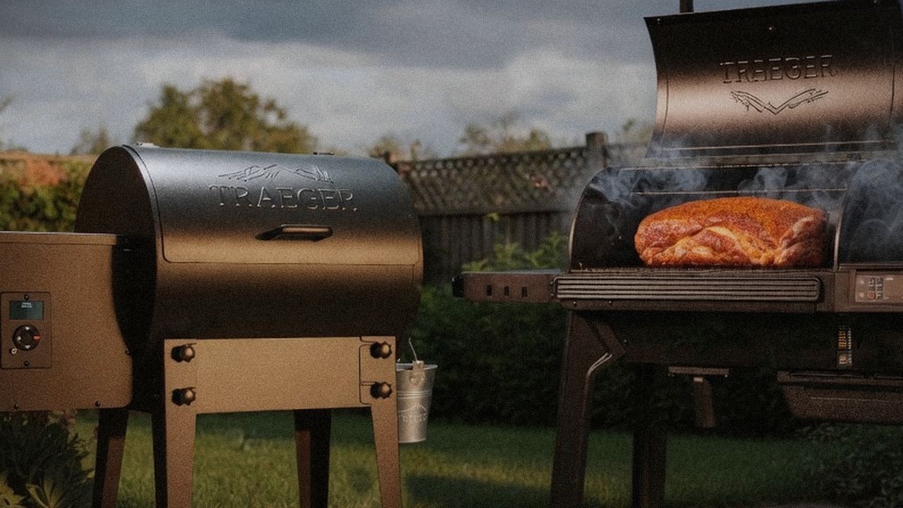 Searing and grate view: Traeger Tailgater 20 next to Traeger Timberline