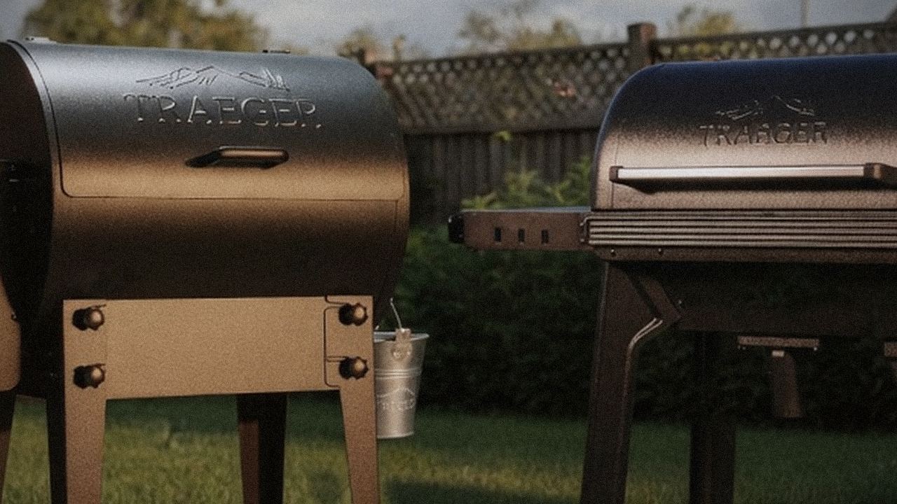 Traeger Tailgater 20 and Traeger Timberline starting up, controllers lit