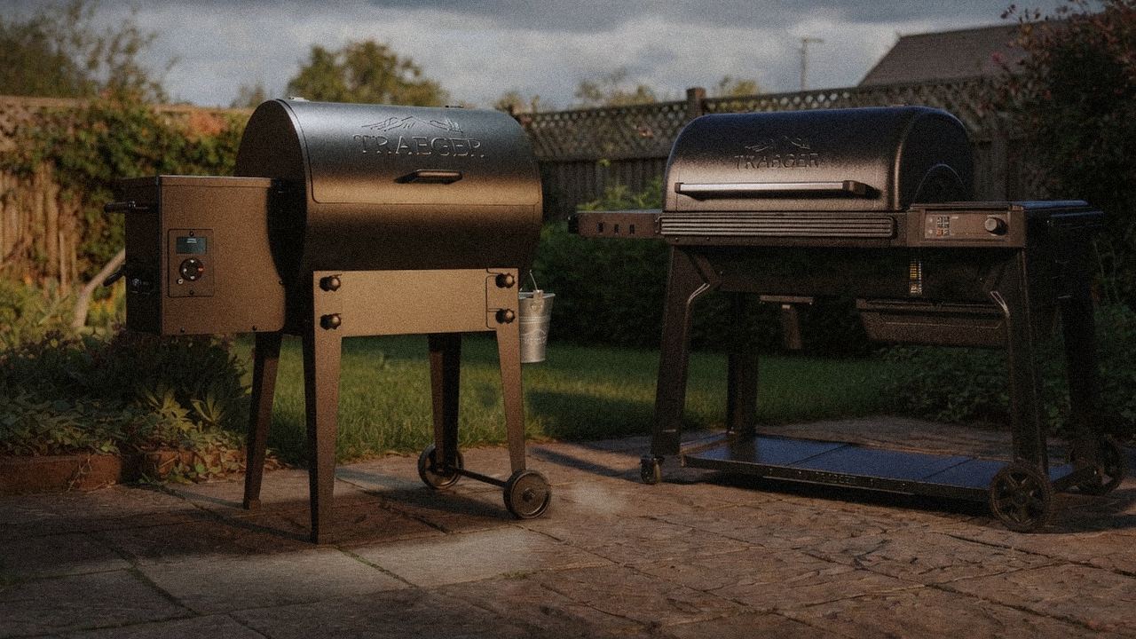 Traeger Tailgater 20 standing next to Traeger Timberline, showing the size and price-tier gap